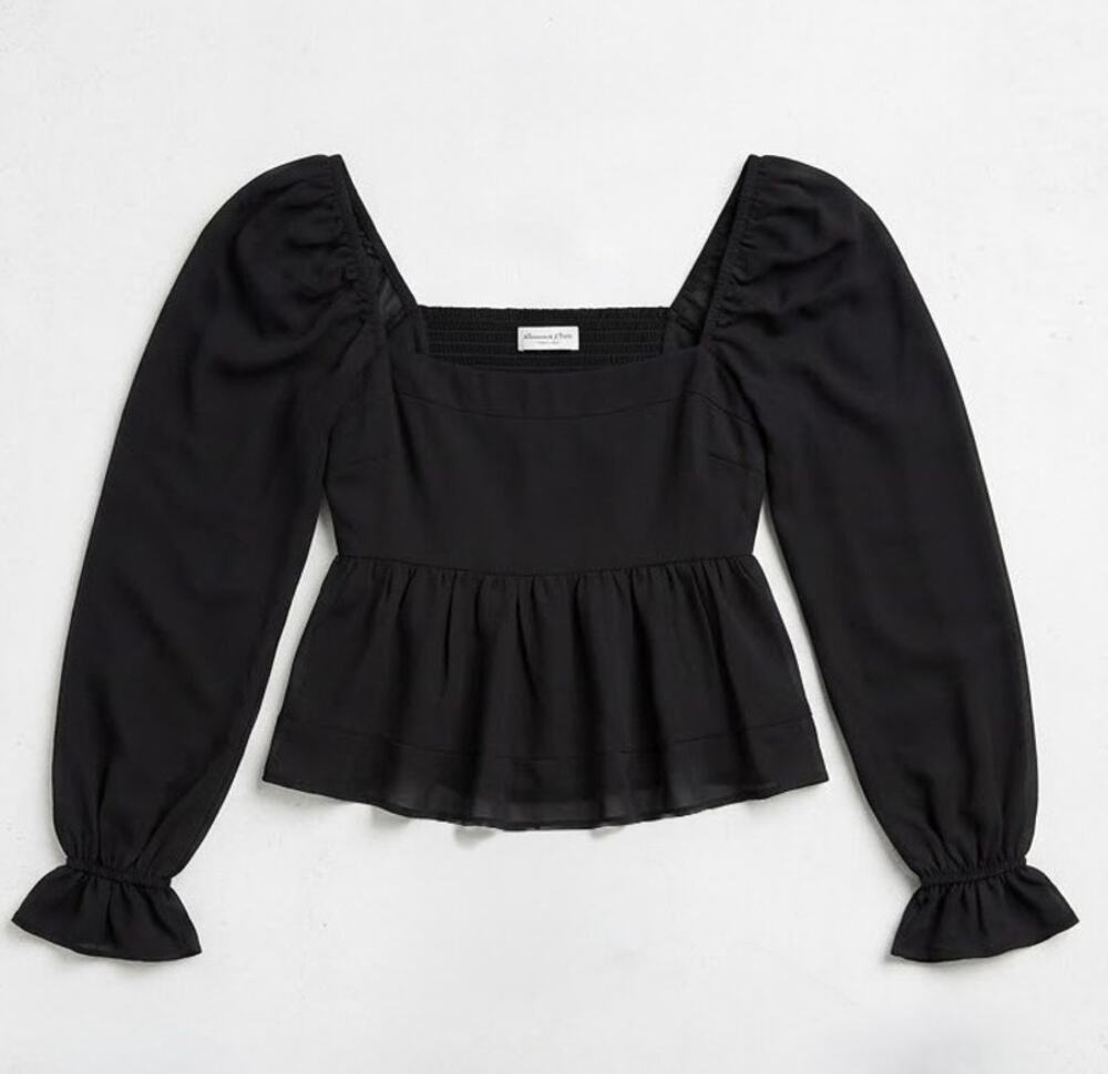 Abercrombie Black Puff Sleeve Square Neck Peplum Top S Sheer Coquette